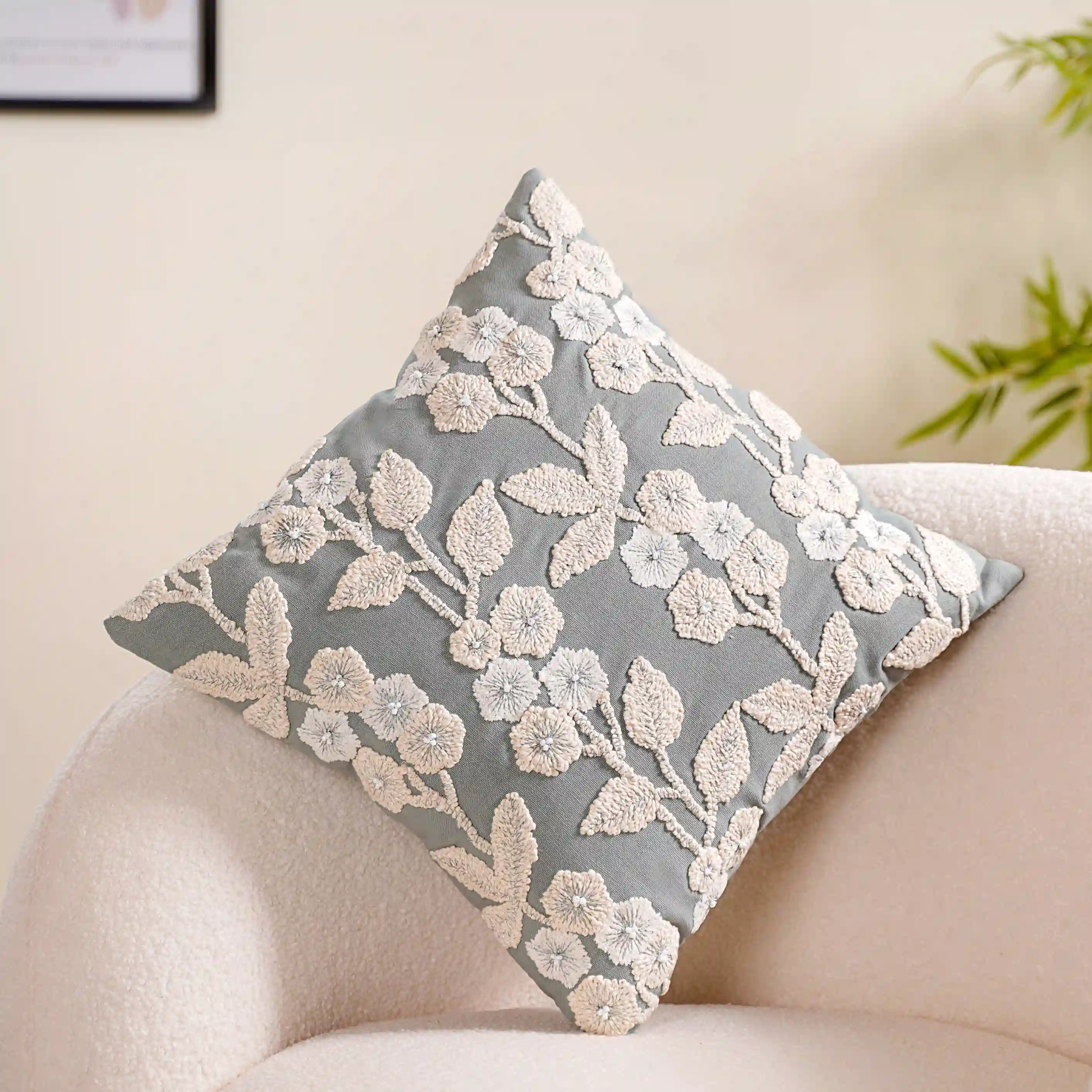 Embroidery Linen Cushion Cover Grey 16x16 Inch - Image 3