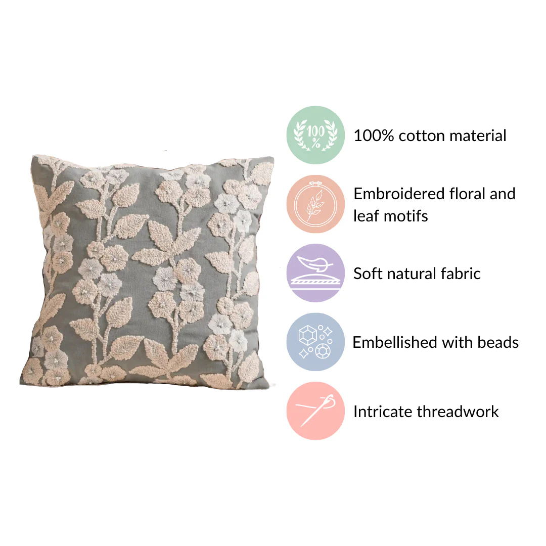 Embroidery Linen Cushion Cover Grey 16x16 Inch - Image 4