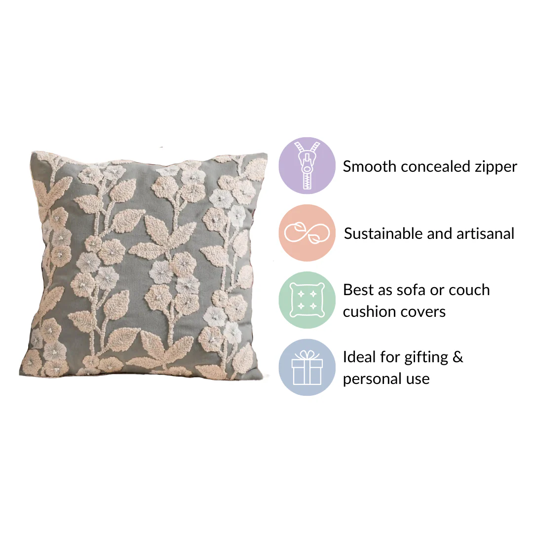 Embroidery Linen Cushion Cover Grey 16x16 Inch - Image 5