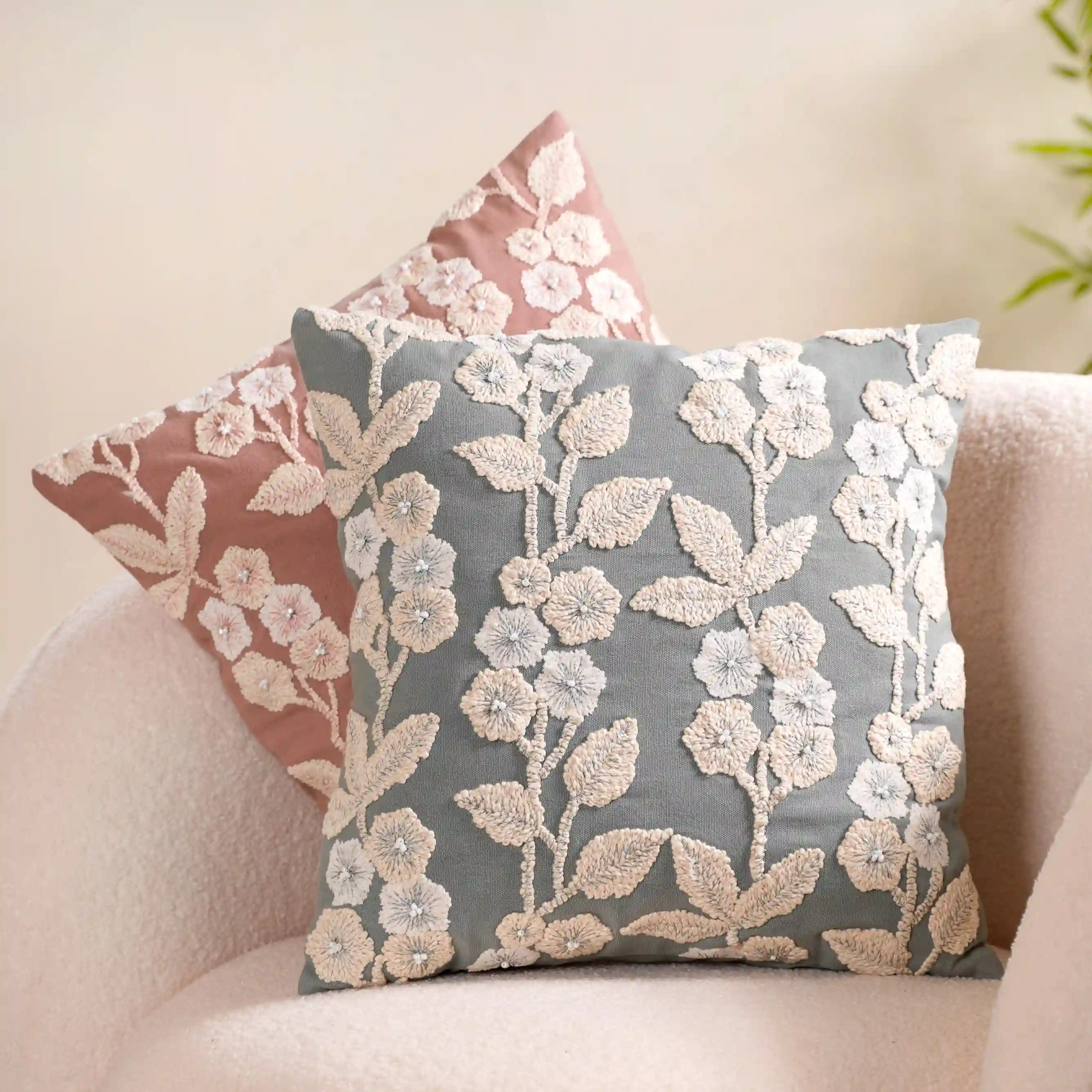 Embroidery Linen Cushion Cover Grey 16x16 Inch - Image 9