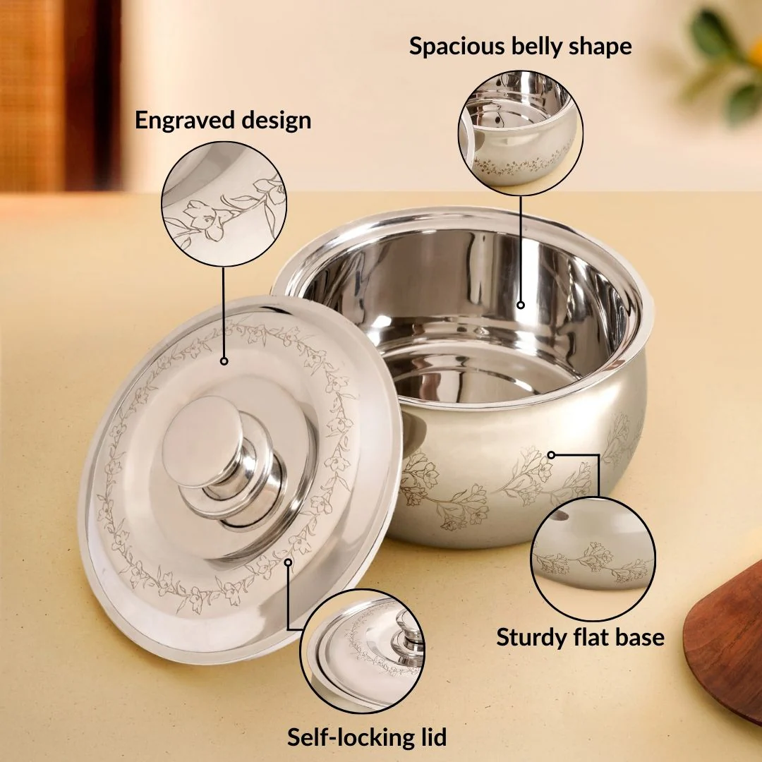 Engraved Floral Stainless Steel Hot Pot Casserole 1500ml - Image 5