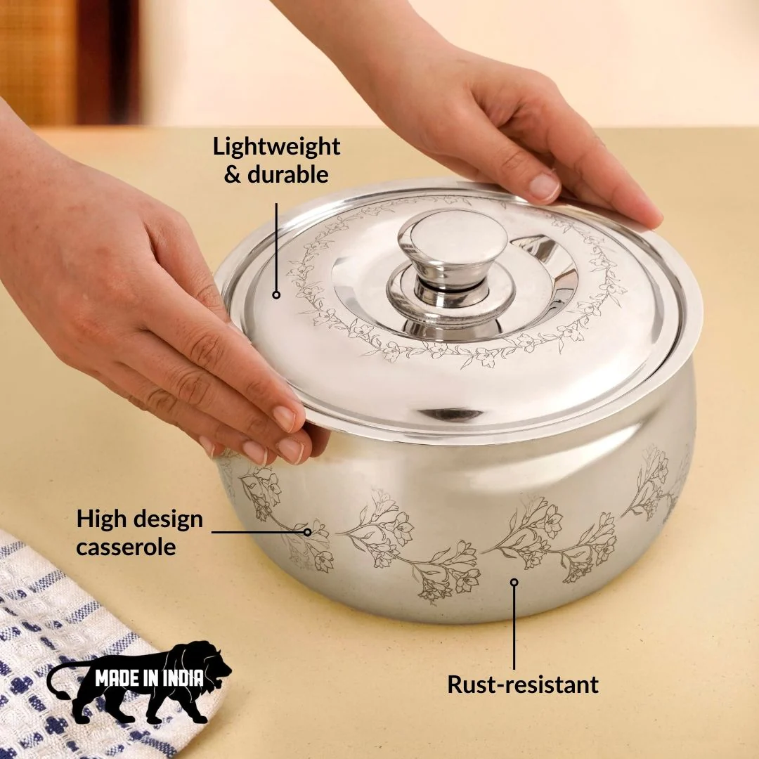 Engraved Floral Stainless Steel Hot Pot Casserole 2000ml - Image 3