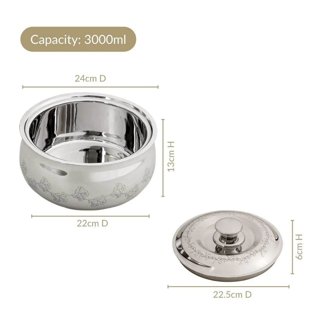 Etched Floral Insulated Stainless Steel Casserole 3000ml - Image 4
