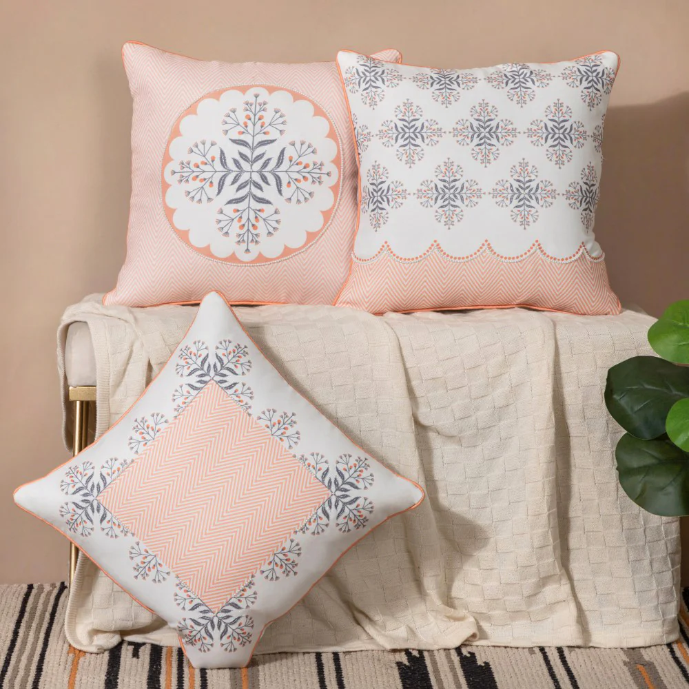 Faenza Handwork Cushion Cover Set Of 3 Peach 16 x 16 Inch - Image 5
