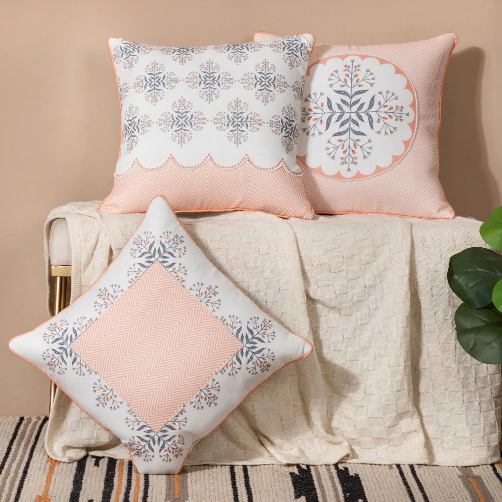 Faenza Handwork Cushion Cover Set Of 3 Peach 16 x 16 Inch - Image 6