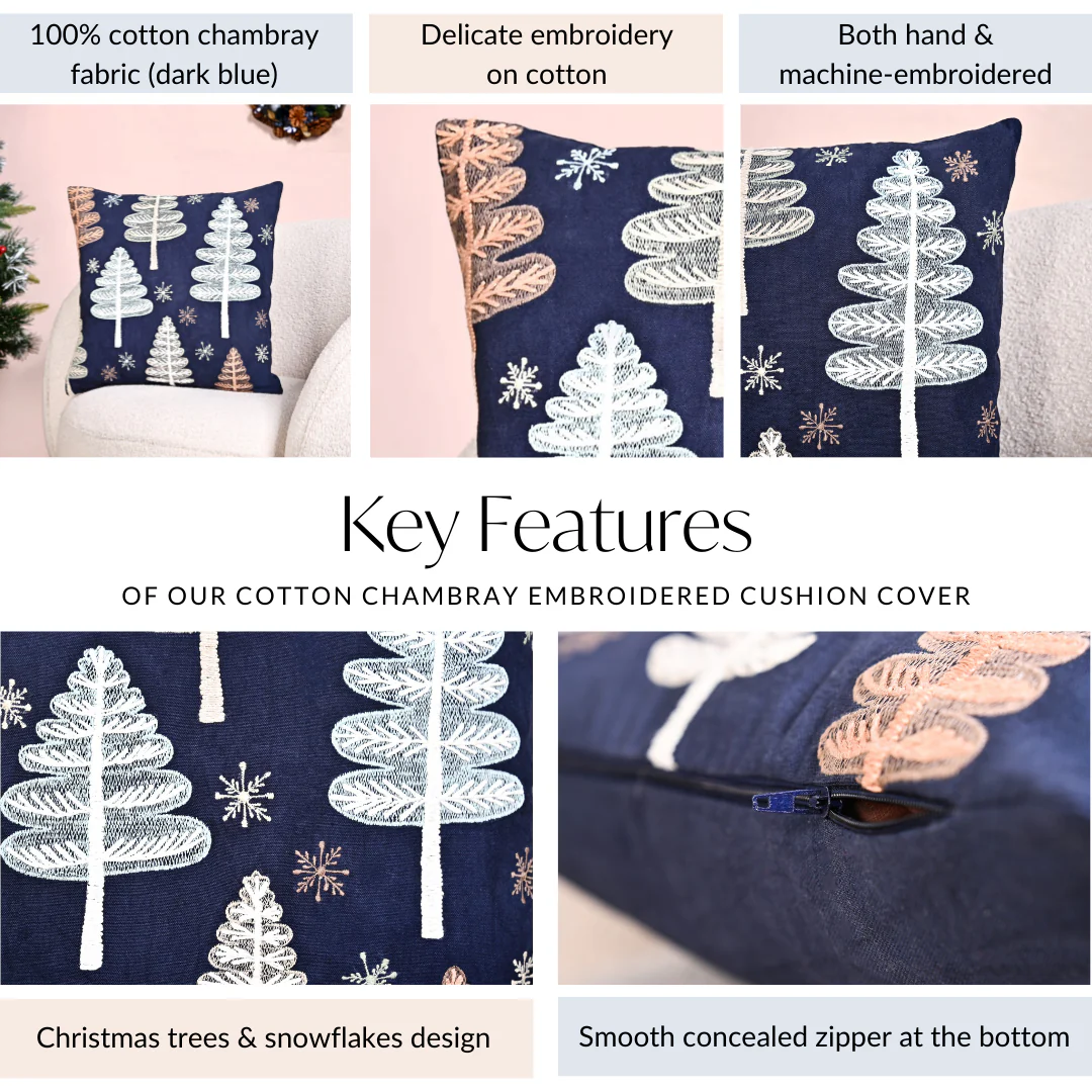 Festive Forest Dark Blue Embroidered Cushion Cover 40x40cm - Image 5