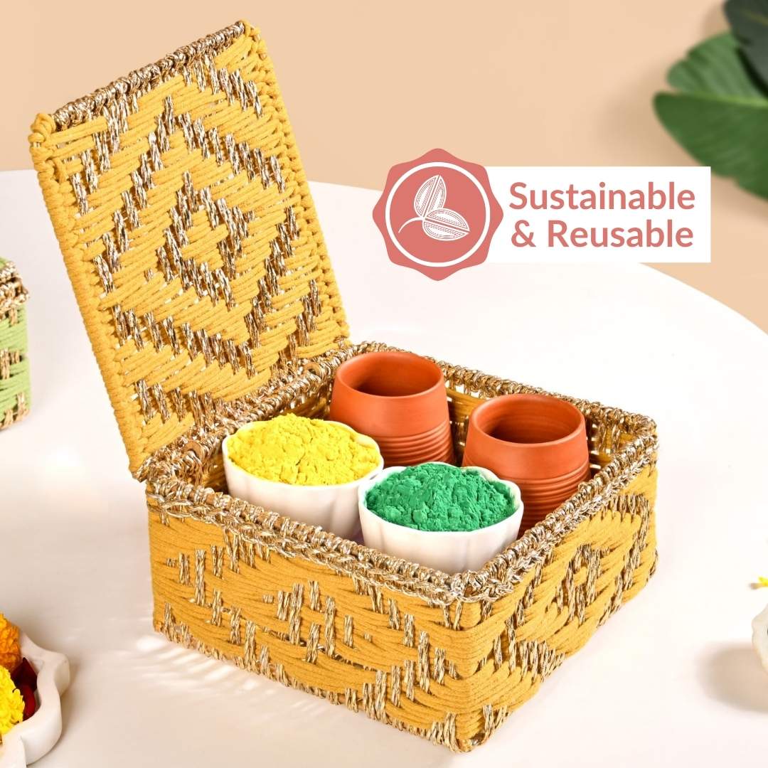 Festive Handwoven Basket Gold And Yellow - Image 10