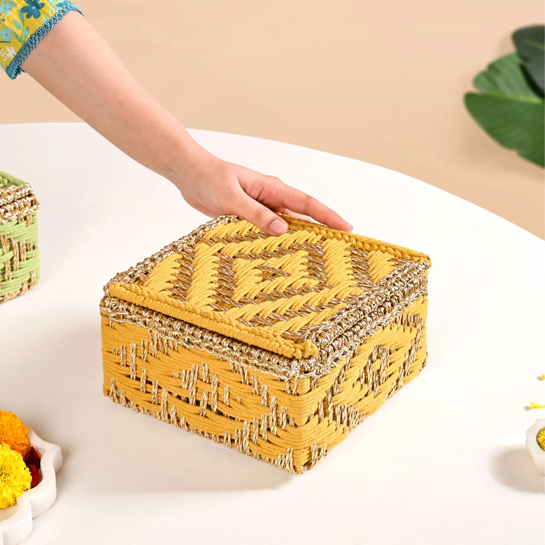 Festive Handwoven Basket Gold And Yellow - Image 2