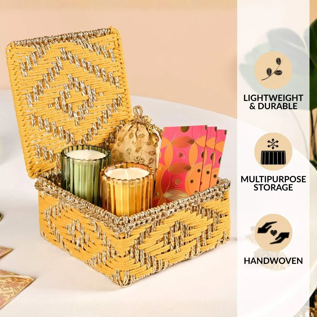 Festive Handwoven Basket Gold And Yellow - Image 3