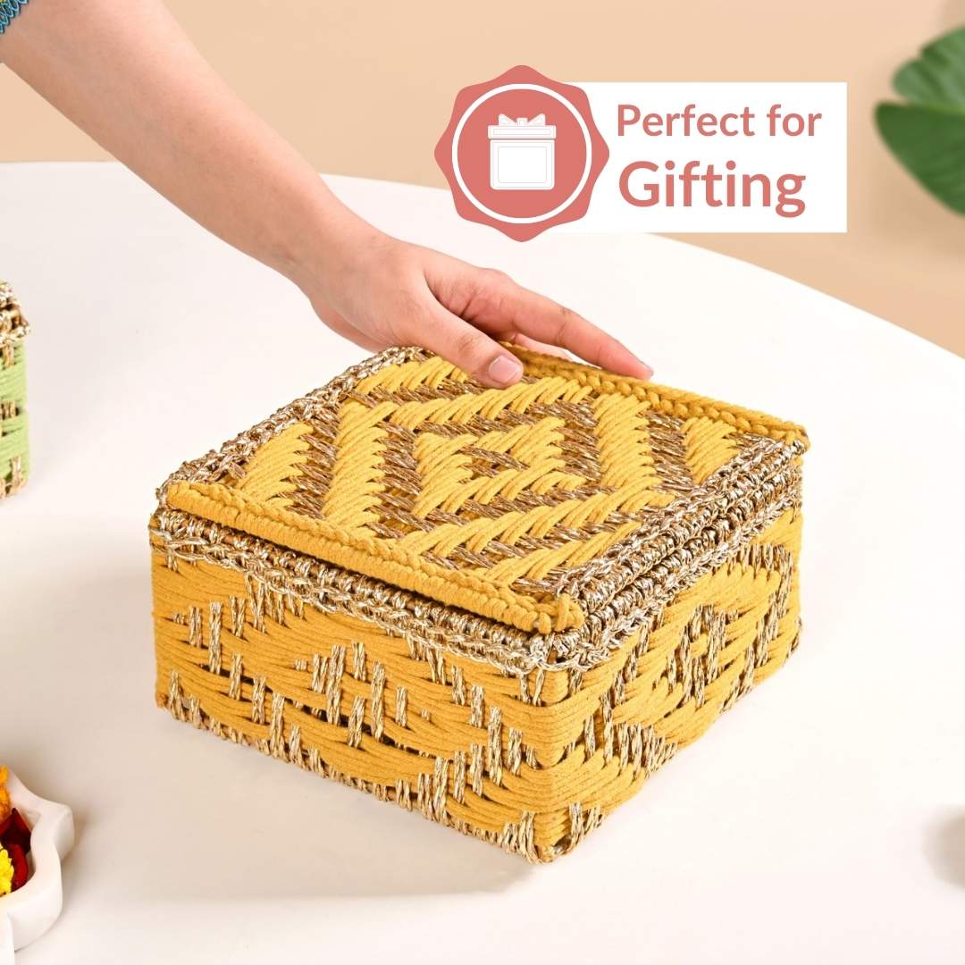 Festive Handwoven Basket Gold And Yellow - Image 6