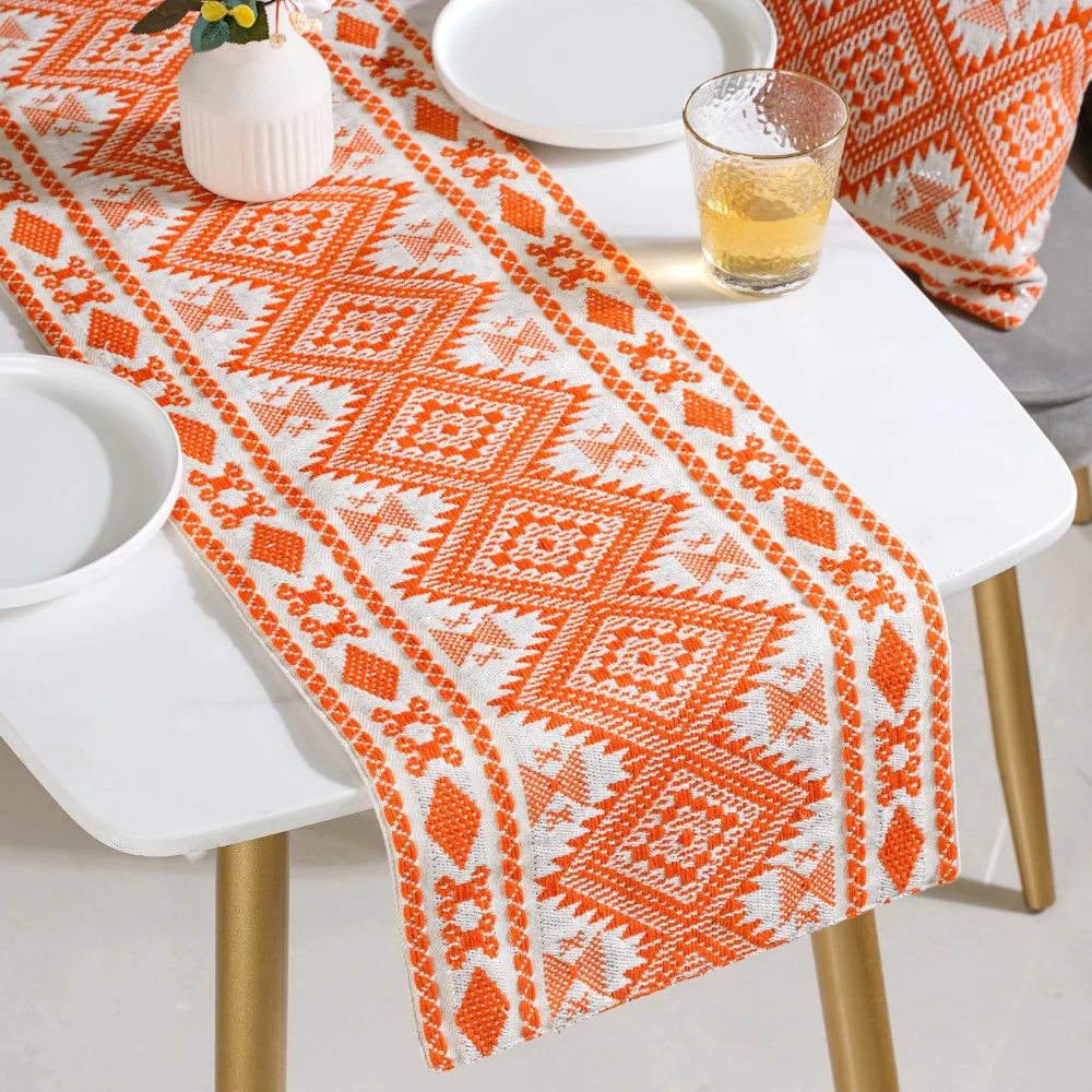 Festive Jacquard Cushion Cover And Runner Orange Set Of 3 - Image 3