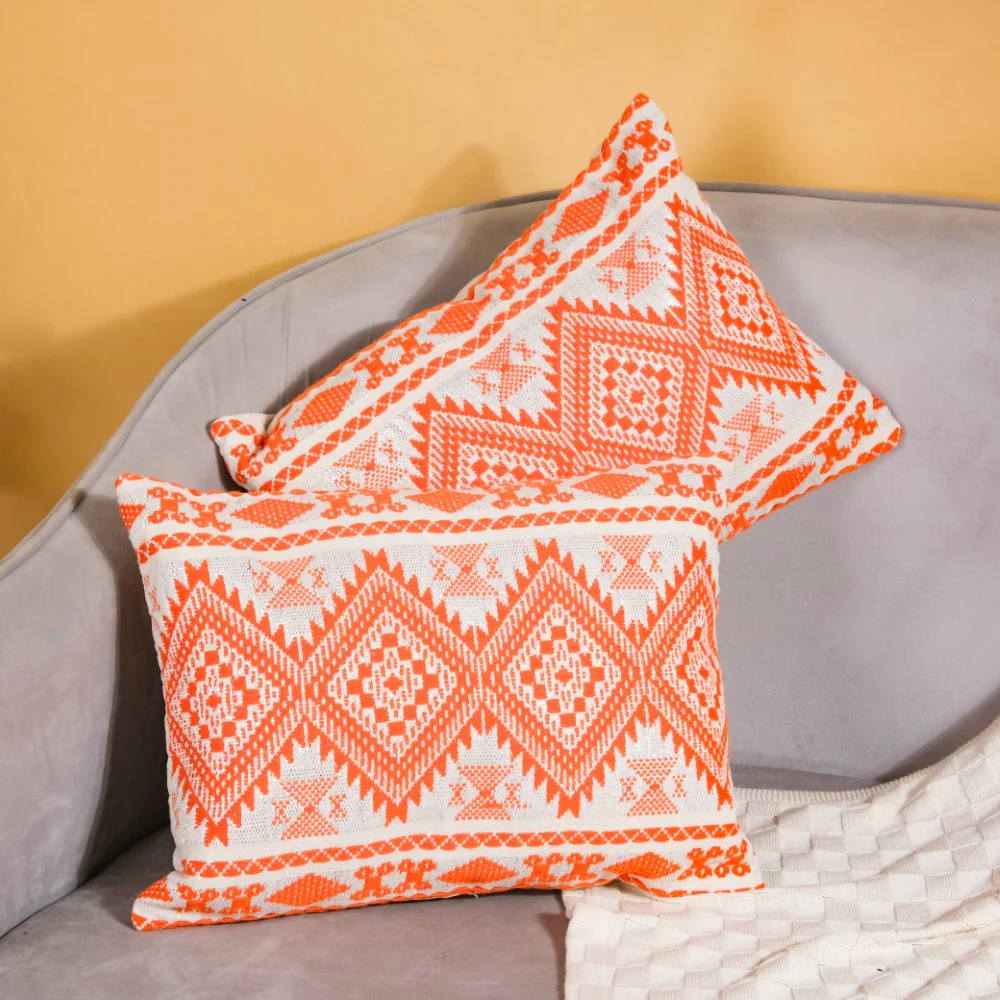 Festive Jacquard Cushion Cover And Runner Orange Set Of 3 - Image 4