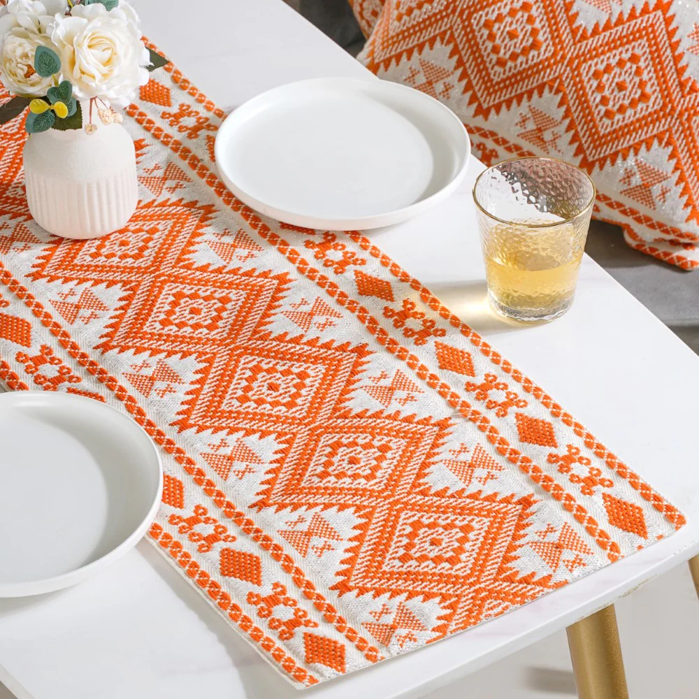 Festive Jacquard Cushion Cover And Runner Orange Set Of 3 - Image 6