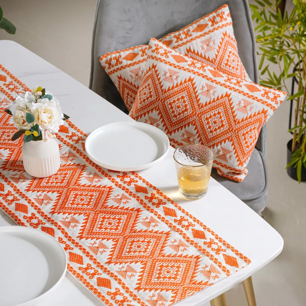 Festive Jacquard Cushion Cover And Runner Orange Set Of 3 - Image 8