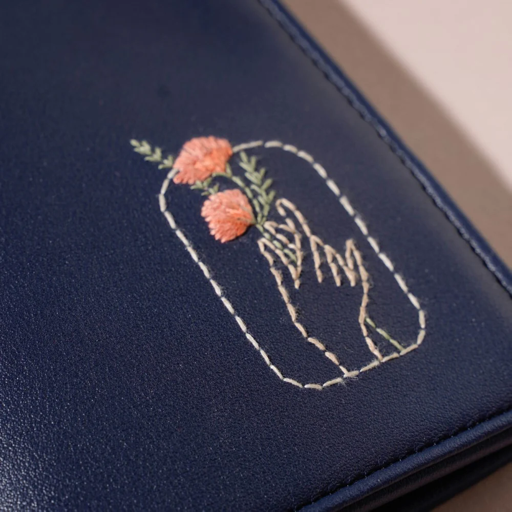 Floral Art Embroidered Passport Cover Navy Blue - Image 3