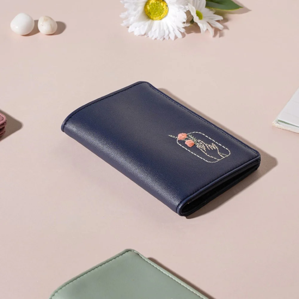Floral Art Embroidered Passport Cover Navy Blue - Image 4