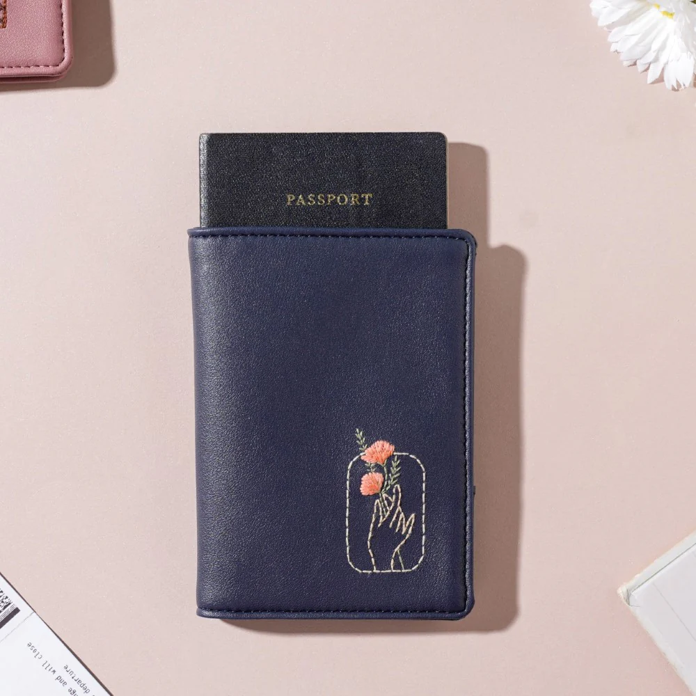 Floral Art Embroidered Passport Cover Navy Blue - Image 6