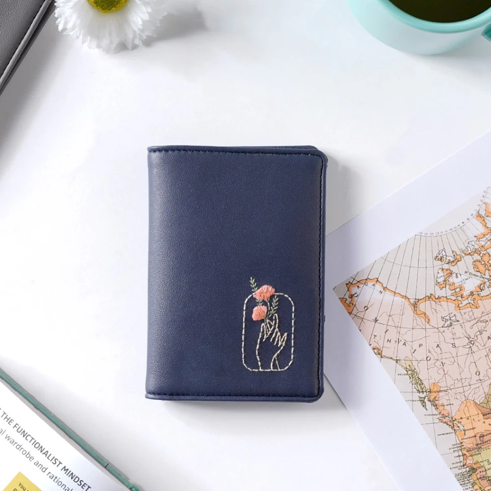 Floral Art Embroidered Passport Cover Navy Blue - Image 8