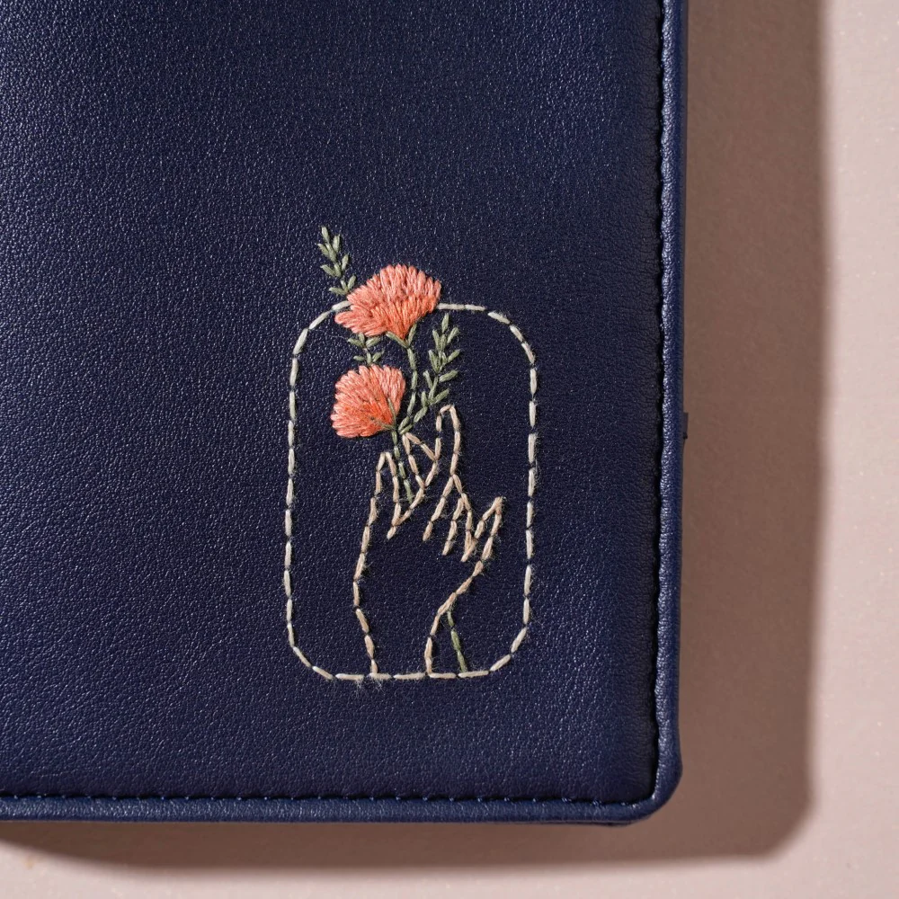 Floral Art Embroidered Passport Cover Navy Blue - Image 9