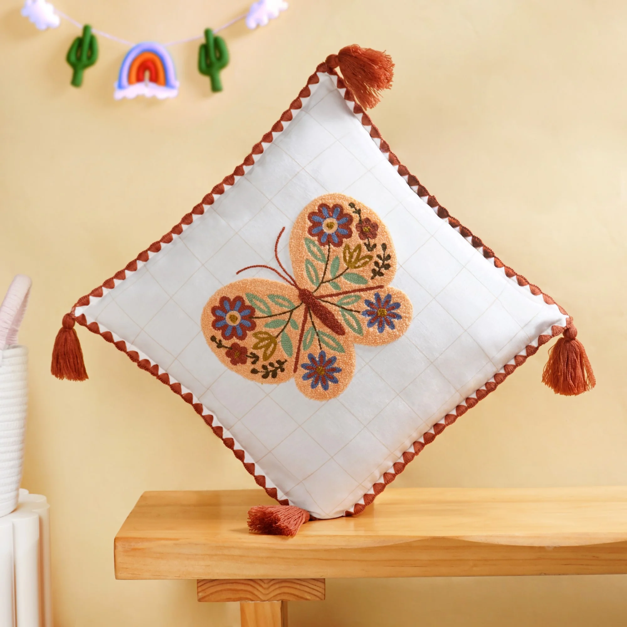 Floral Butterfly Embroidered Cotton Cushion Cover 42x42cm - Image 2