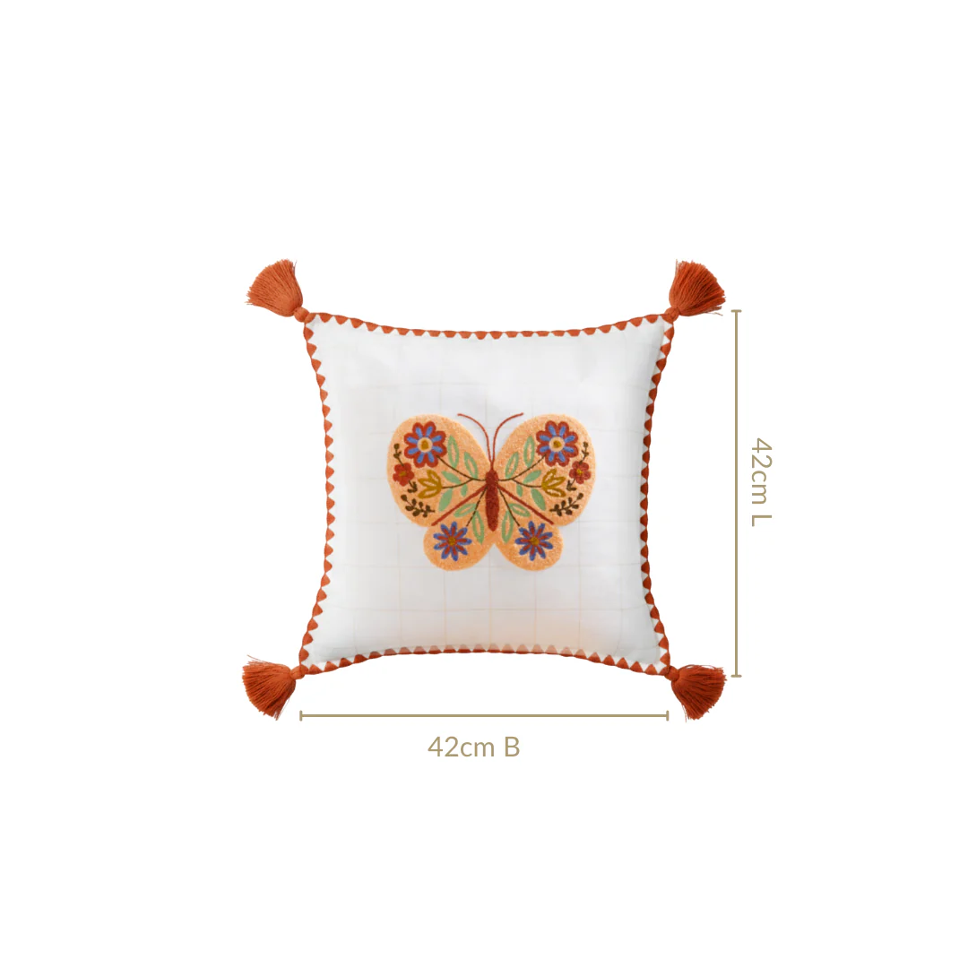 Floral Butterfly Embroidered Cotton Cushion Cover 42x42cm - Image 3
