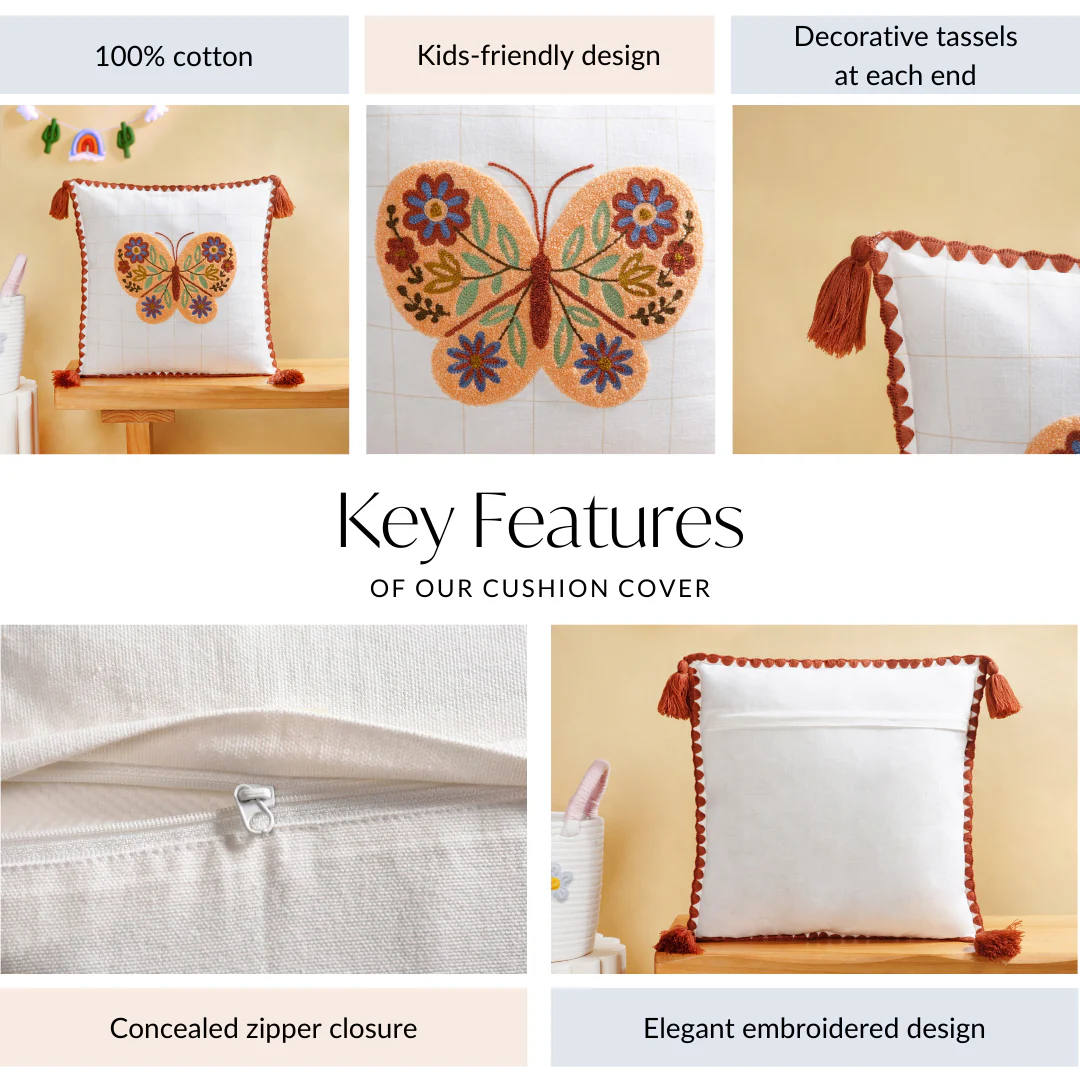 Floral Butterfly Embroidered Cotton Cushion Cover 42x42cm - Image 4