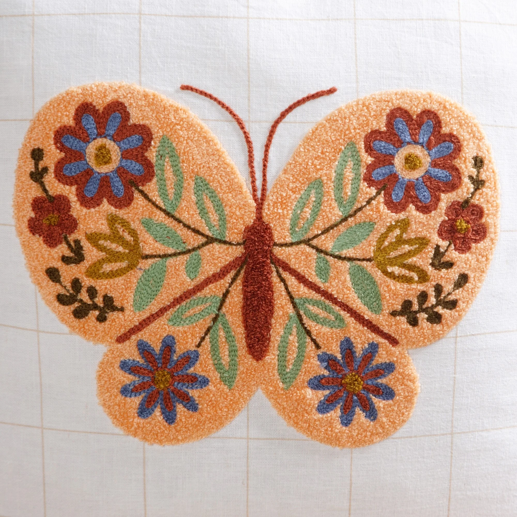 Floral Butterfly Embroidered Cotton Cushion Cover 42x42cm - Image 5