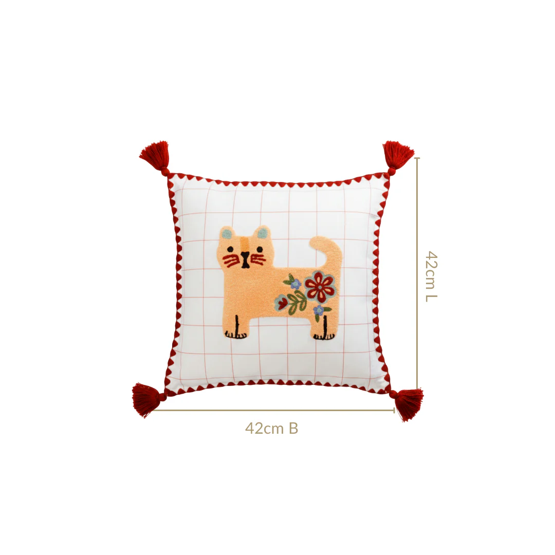 Floral Cat Embroidered Cushion Cover With Tassels 42x42cm - Image 3