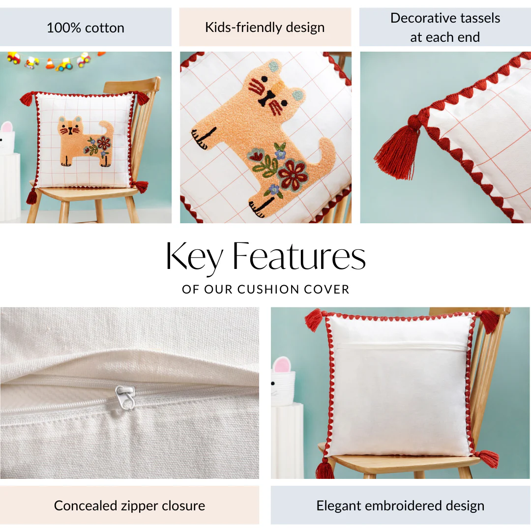 Floral Cat Embroidered Cushion Cover With Tassels 42x42cm - Image 4