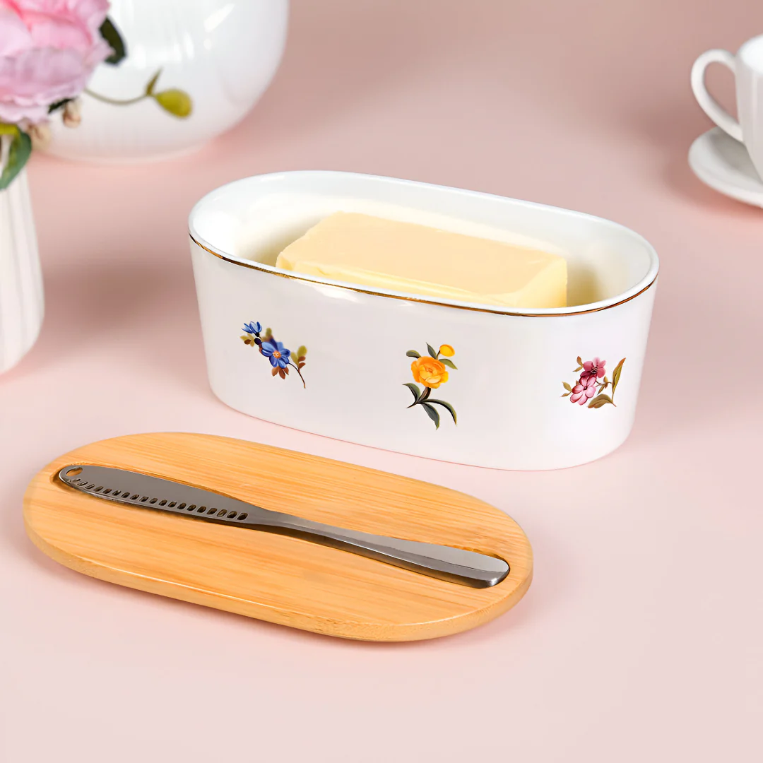Floral Ceramic Butter Dish With Lid And Knife - Image 2