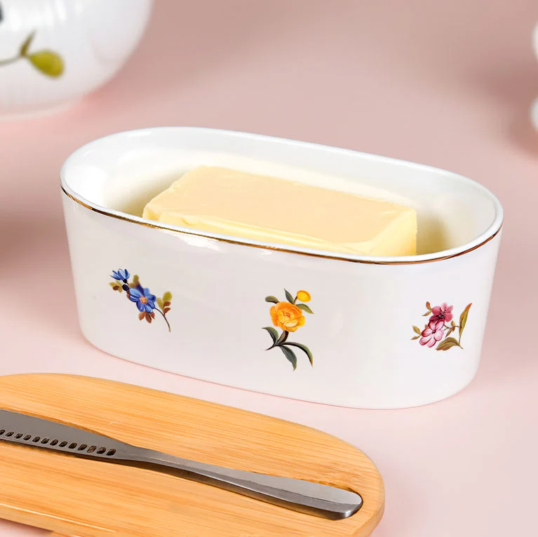 Floral Ceramic Butter Dish With Lid And Knife - Image 7