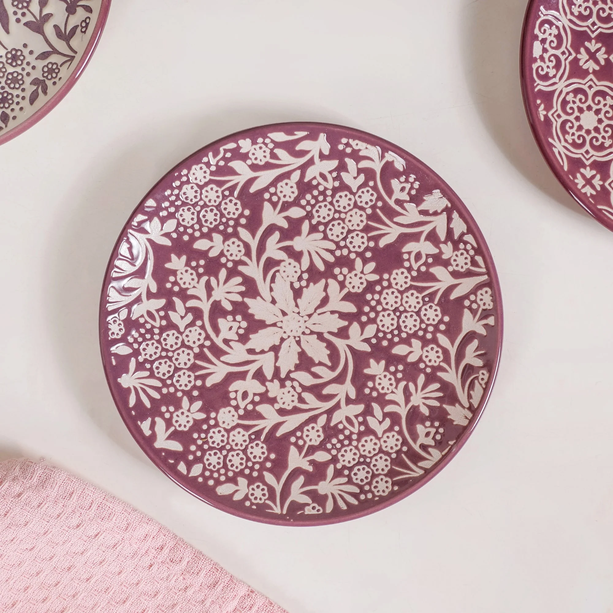 Floral Design Ceramic Dessert Plate Set Of 4 White Mauve 15cm - Image 10