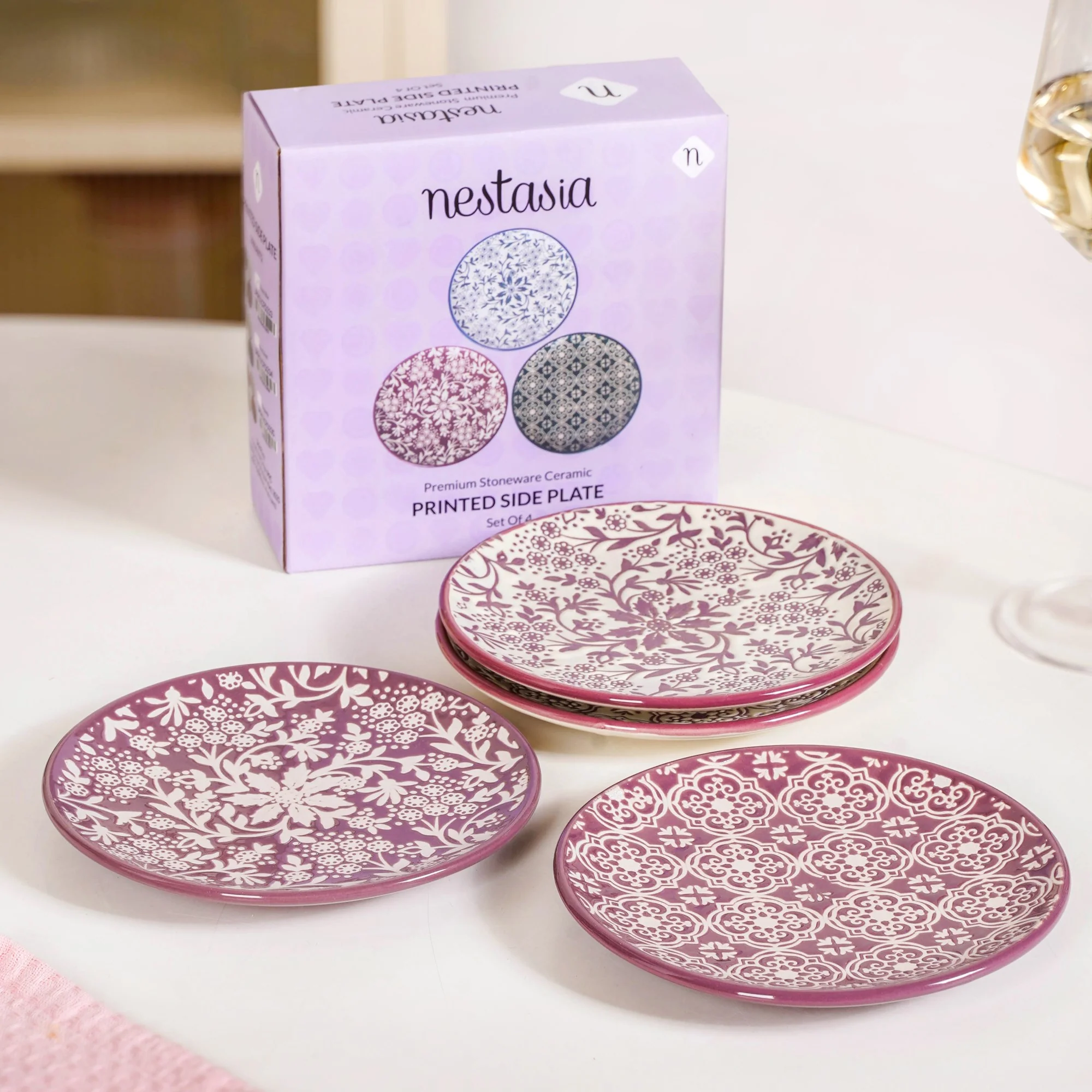 Floral Design Ceramic Dessert Plate Set Of 4 White Mauve 15cm - Image 2