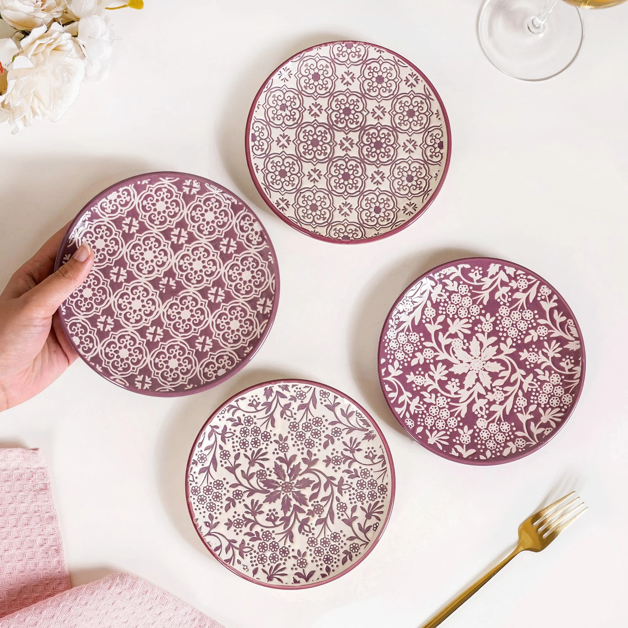 Floral Design Ceramic Dessert Plate Set Of 4 White Mauve 15cm - Image 3