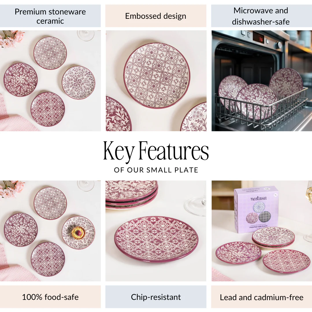 Floral Design Ceramic Dessert Plate Set Of 4 White Mauve 15cm - Image 5