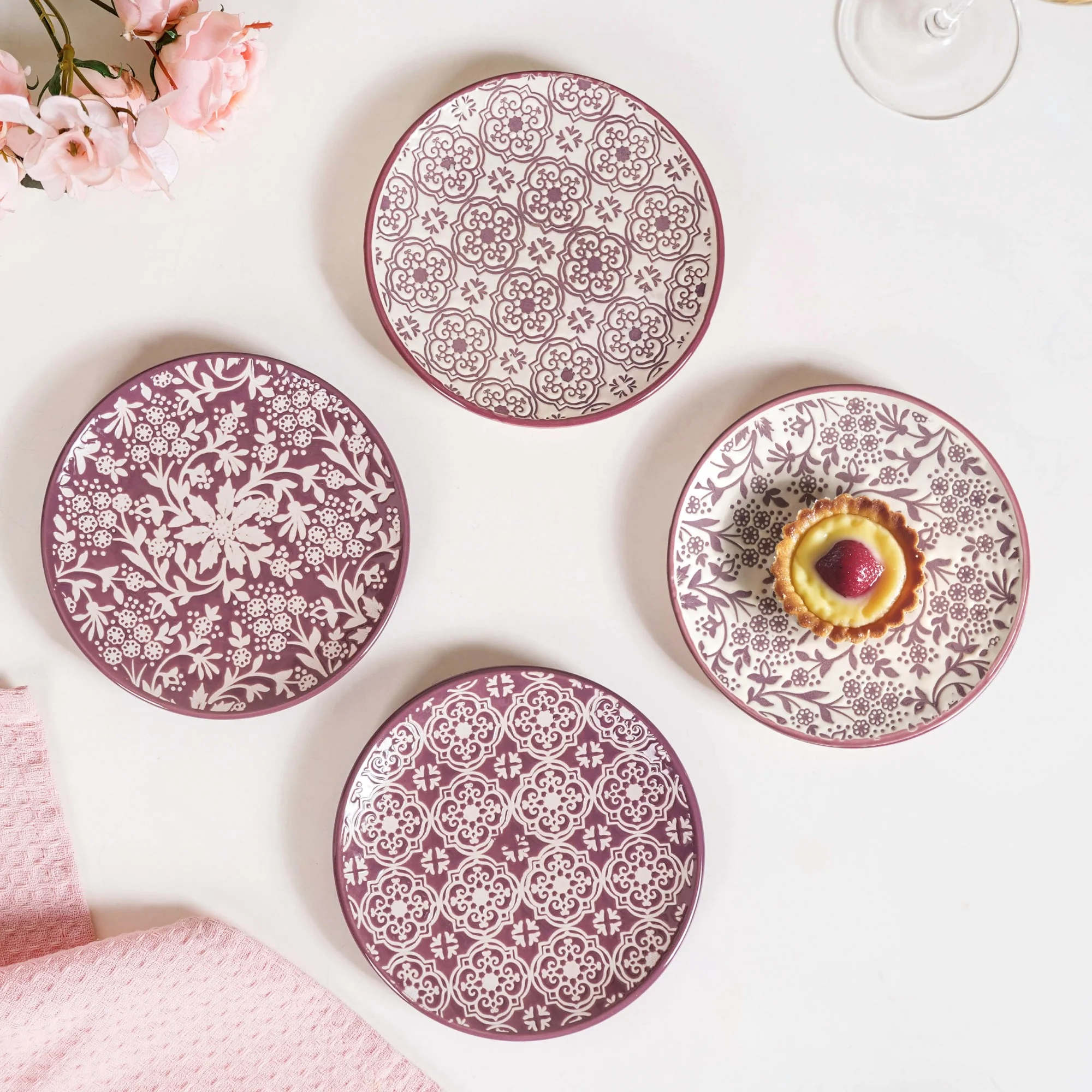 Floral Design Ceramic Dessert Plate Set Of 4 White Mauve 15cm - Image 6