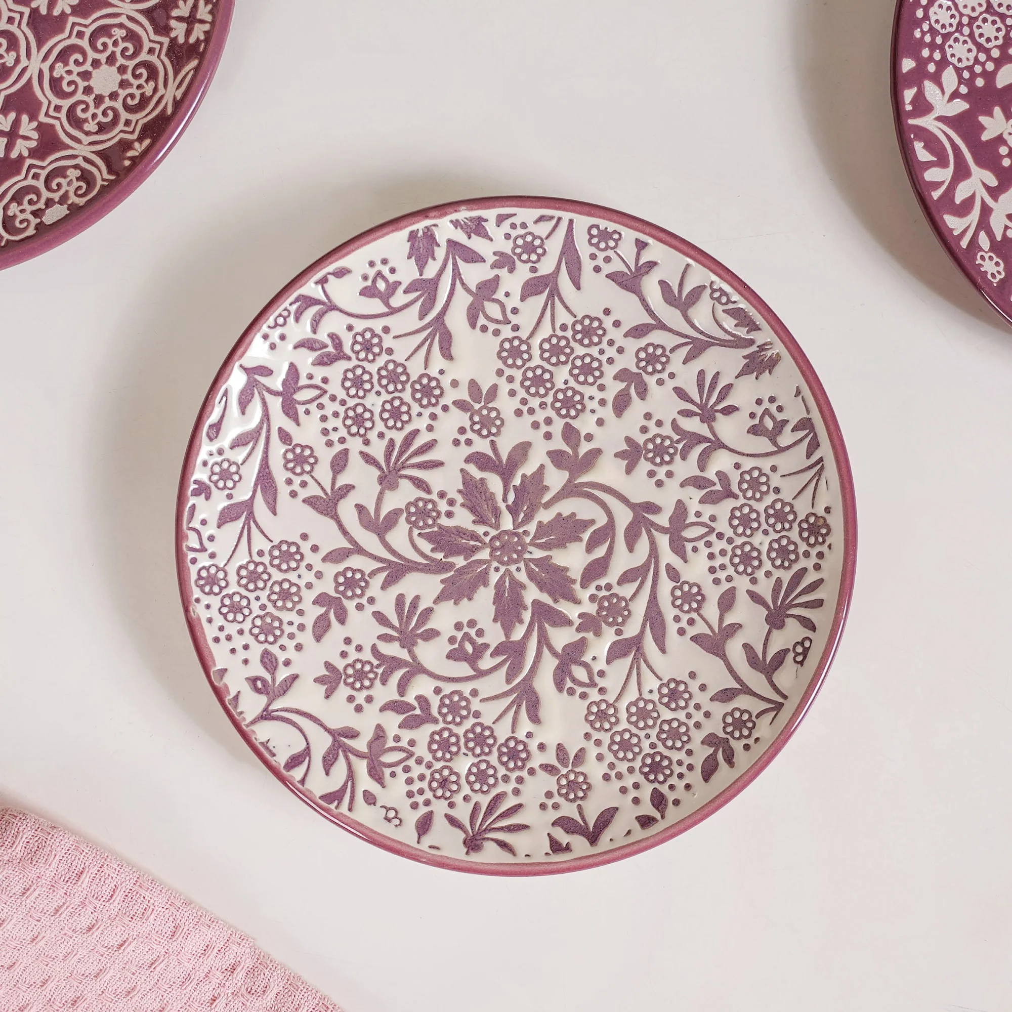 Floral Design Ceramic Dessert Plate Set Of 4 White Mauve 15cm - Image 7