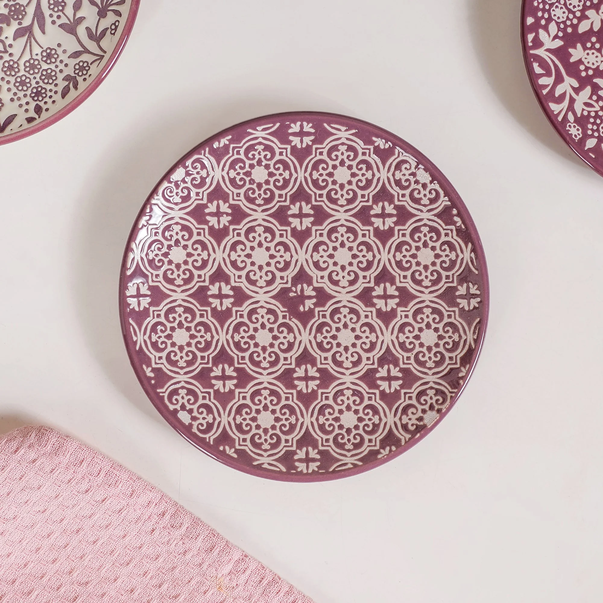 Floral Design Ceramic Dessert Plate Set Of 4 White Mauve 15cm - Image 8