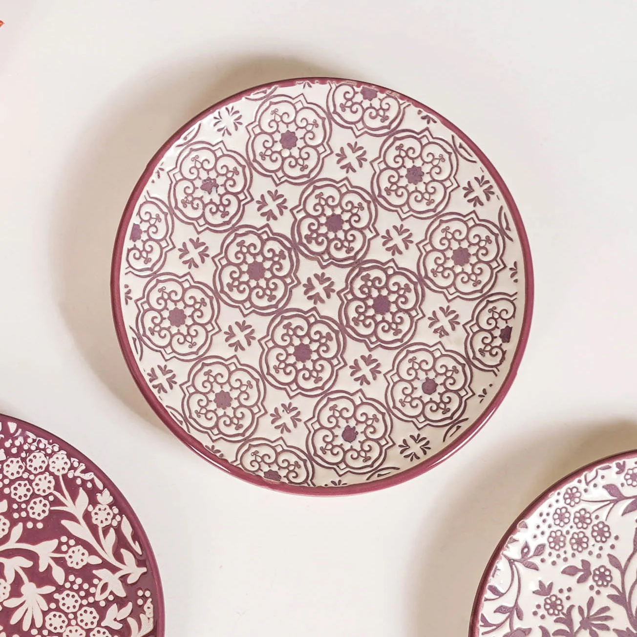 Floral Design Ceramic Dessert Plate Set Of 4 White Mauve 15cm - Image 9