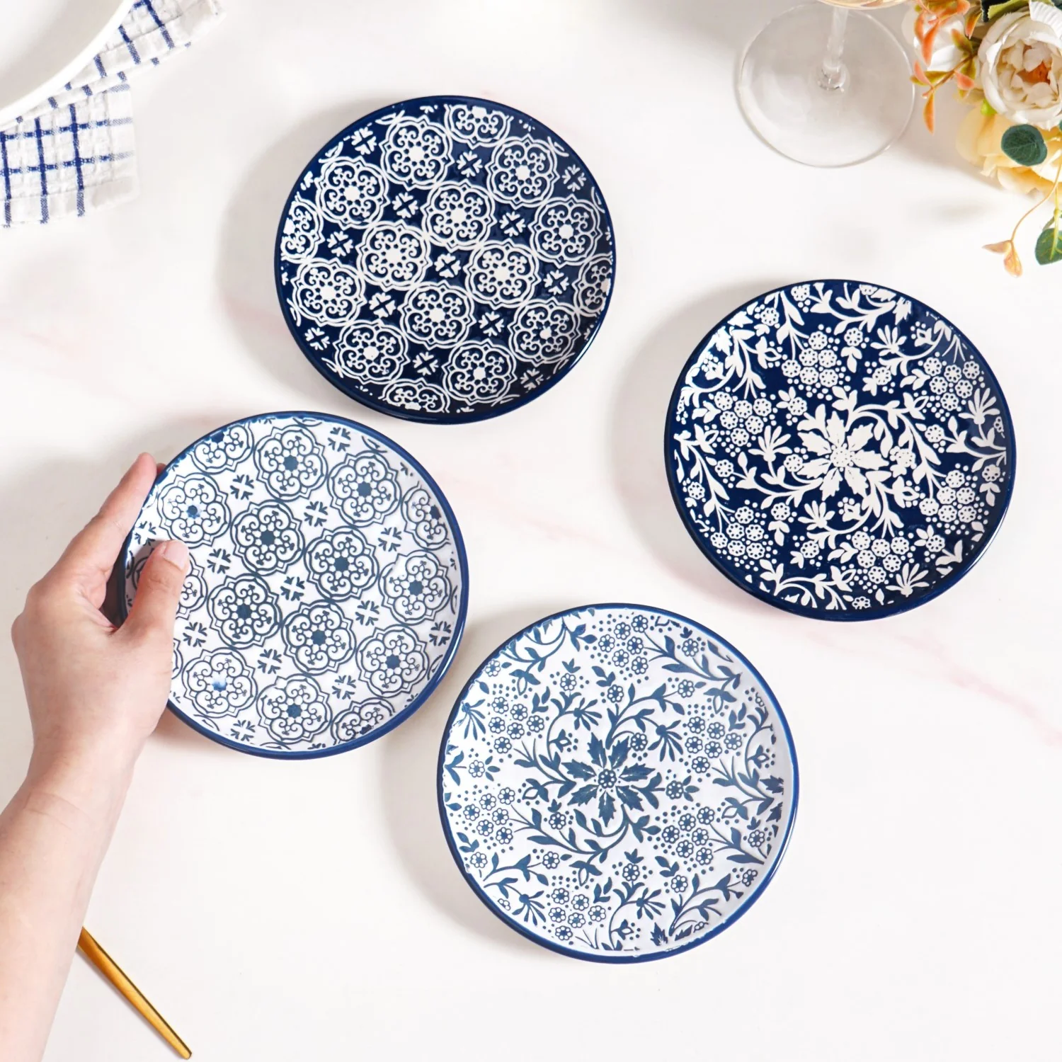 Floral Design Ceramic Dessert Plates Set Of 4 White Blue 15cm - Image 3