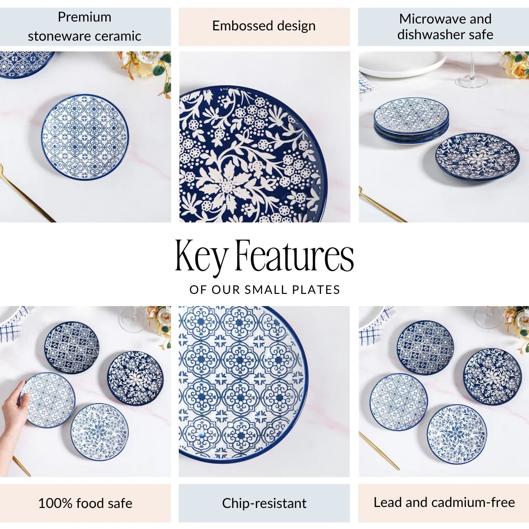 Floral Design Ceramic Dessert Plates Set Of 4 White Blue 15cm - Image 5