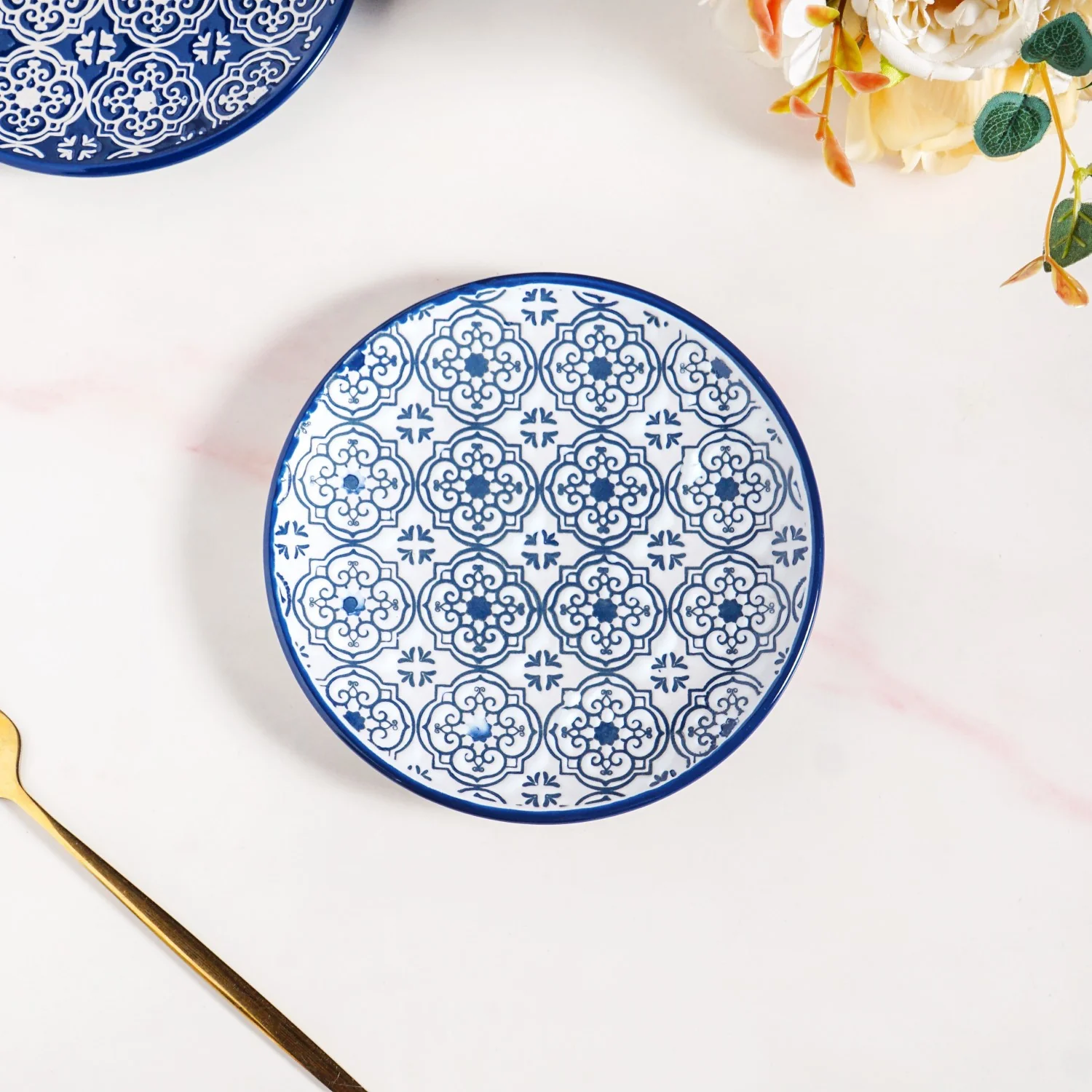 Floral Design Ceramic Dessert Plates Set Of 4 White Blue 15cm - Image 8