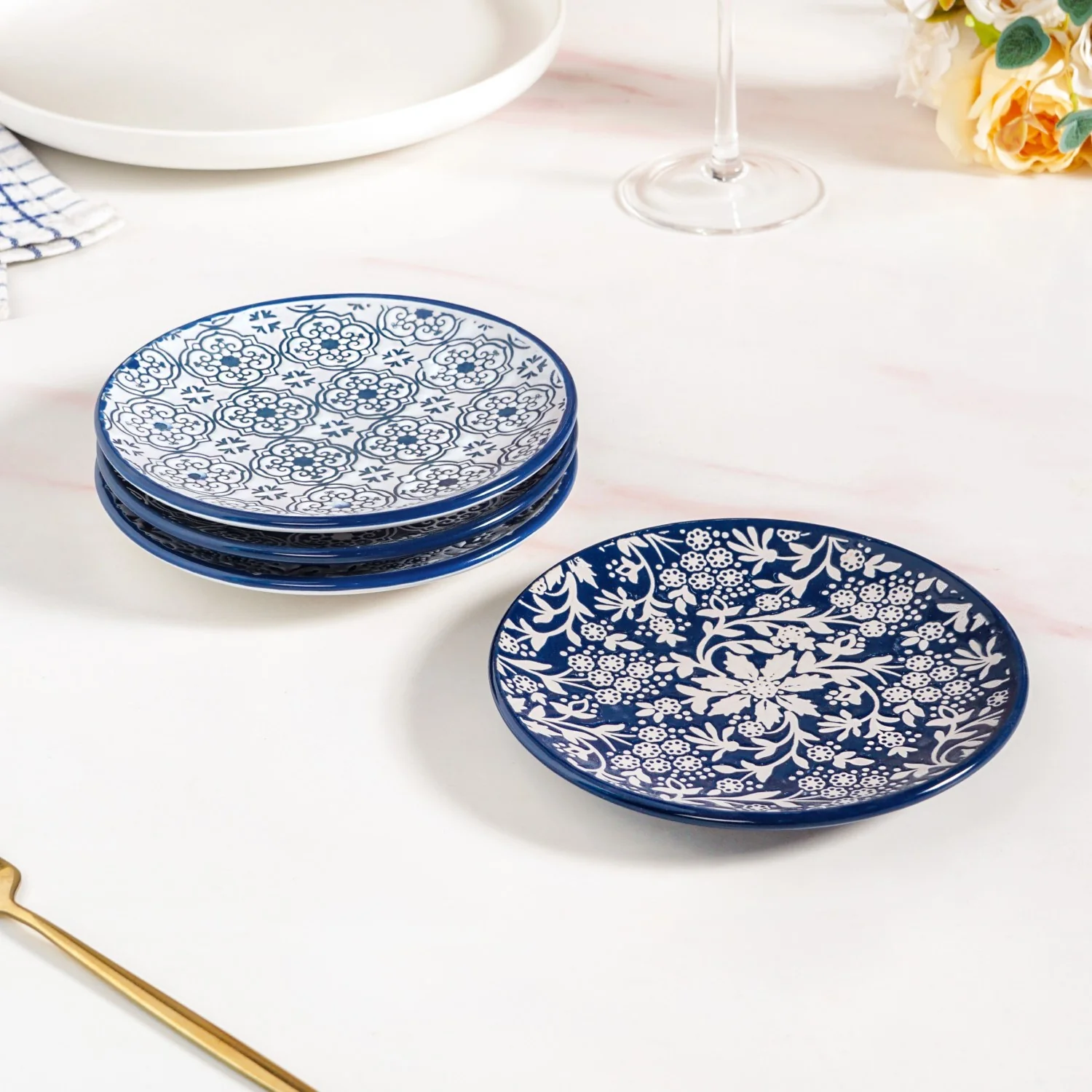 Floral Design Ceramic Dessert Plates Set Of 4 White Blue 15cm - Image 9