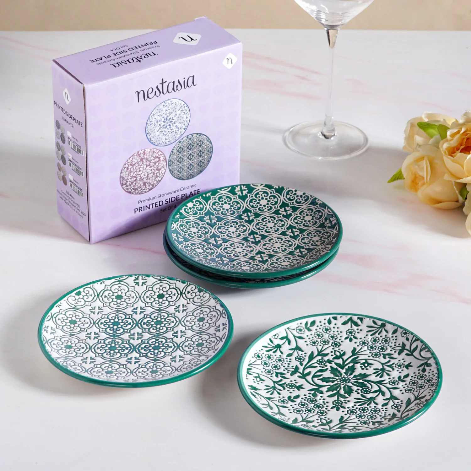 Floral Design Ceramic Dessert Plates Set Of 4 White Teal 15cm - Image 2