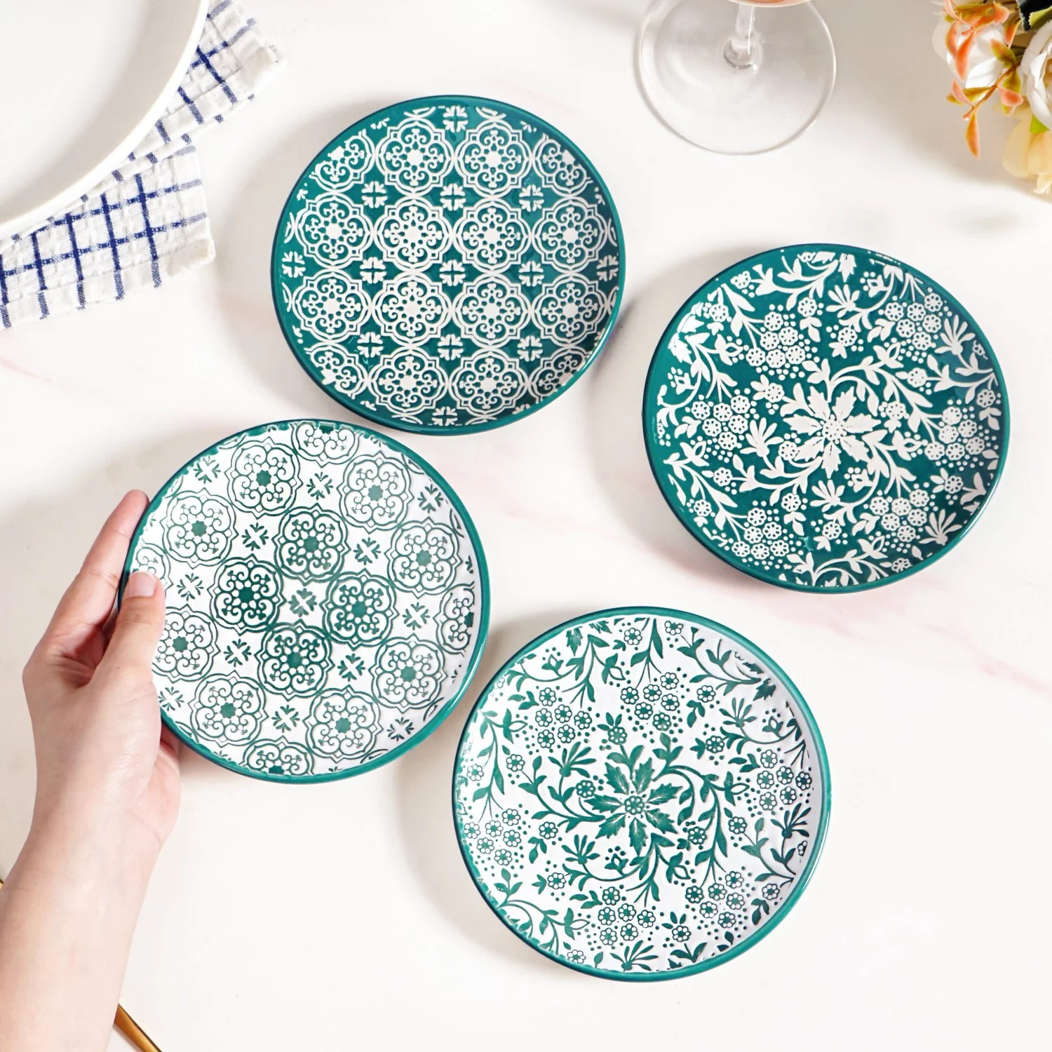 Floral Design Ceramic Dessert Plates Set Of 4 White Teal 15cm - Image 3