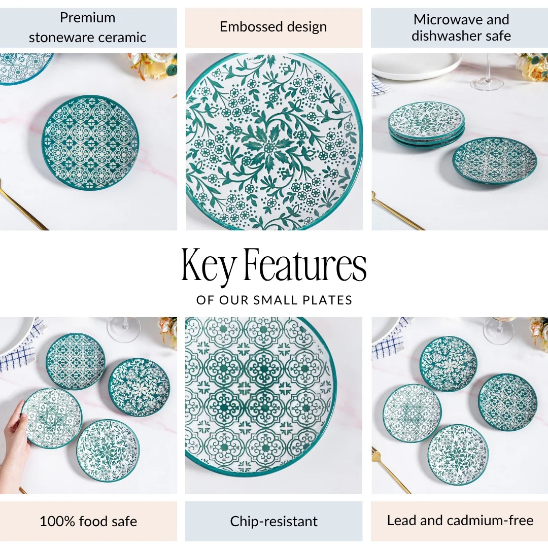 Floral Design Ceramic Dessert Plates Set Of 4 White Teal 15cm - Image 5