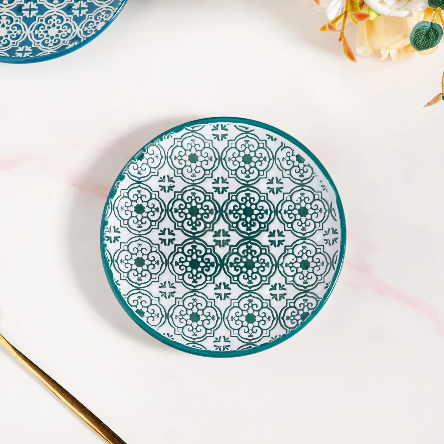 Floral Design Ceramic Dessert Plates Set Of 4 White Teal 15cm - Image 8
