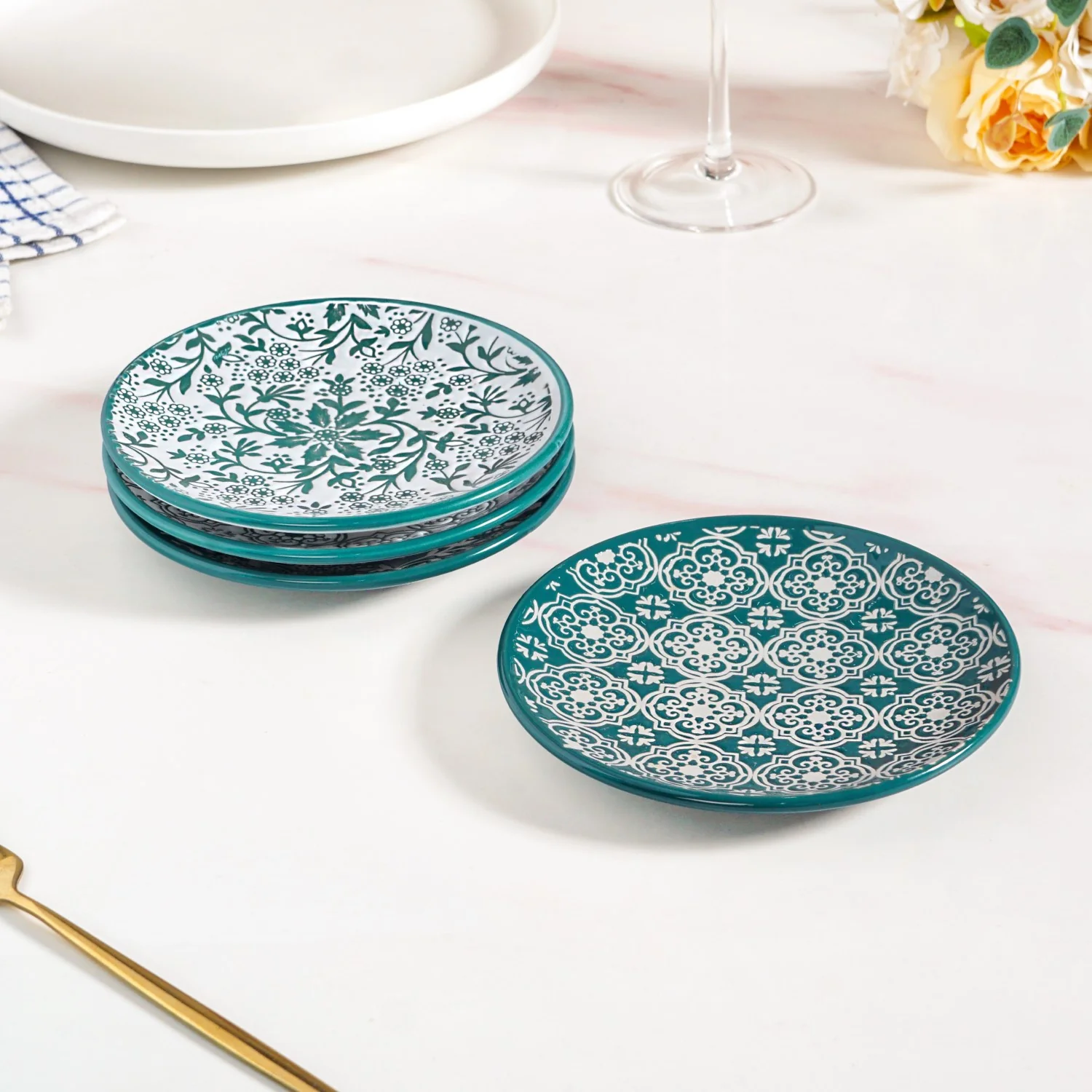 Floral Design Ceramic Dessert Plates Set Of 4 White Teal 15cm - Image 9