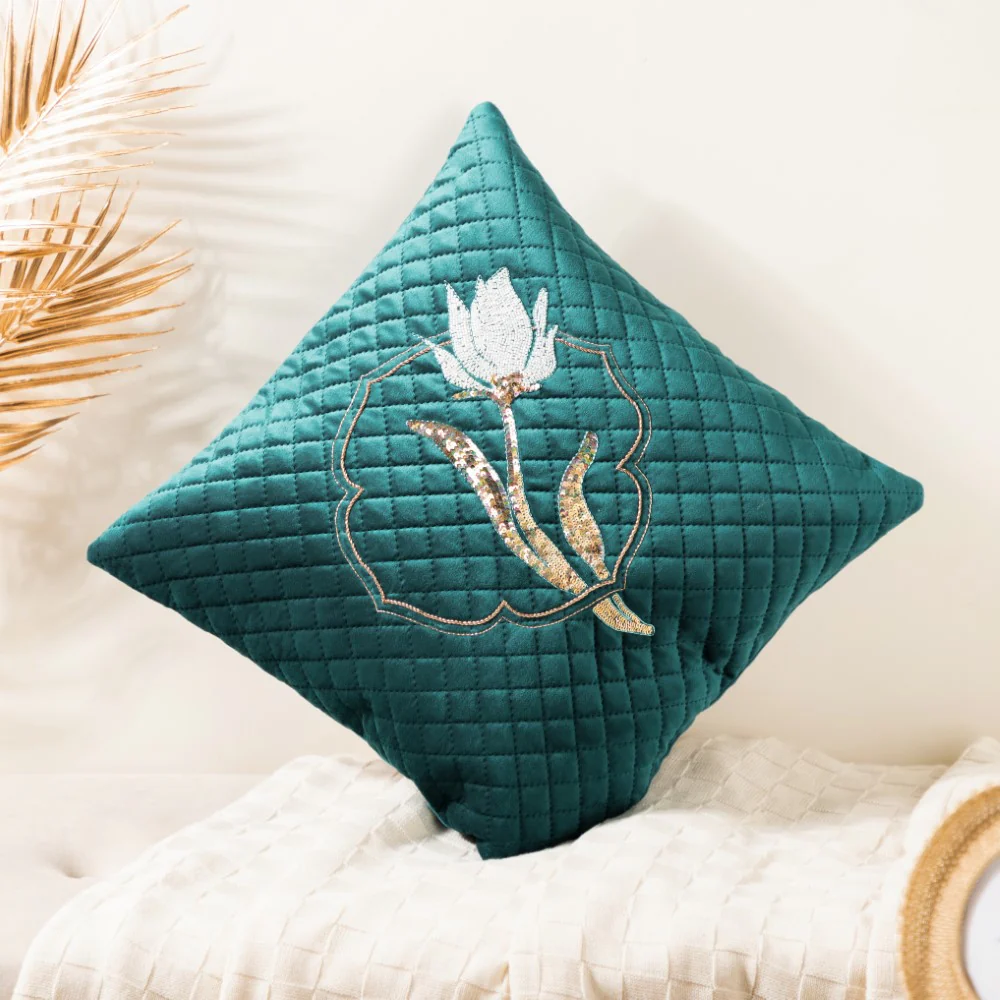 Floral Embroidered Cushion Cover Set Of 2 Green 16 x 16 Inch - Image 4