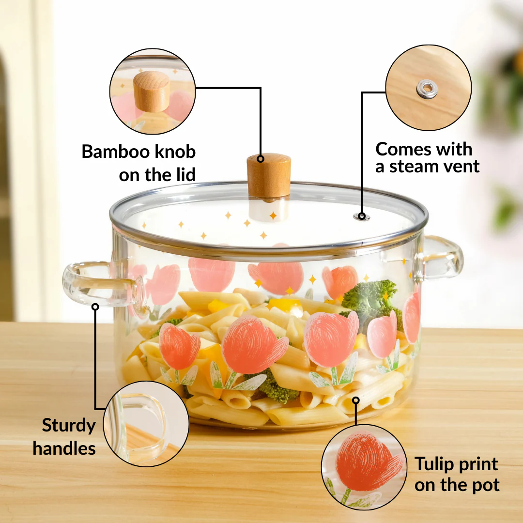 Floral Flame Safe Glass Cooking Pot With Lid 3200ml - Image 3
